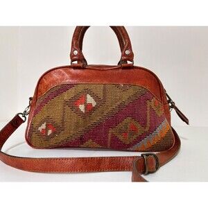 Vintage Kilim Tapestry Leather Crossbody Satchel Bag Aztec Turkish Handmade